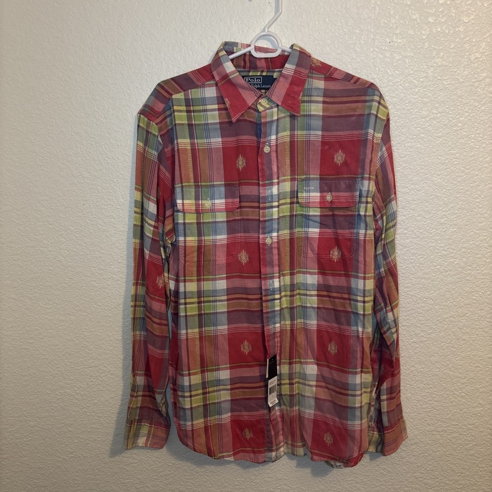 Vintage Polo Ralph Lauren‎ Roll Tab Sleeve Shirt Pink Plaid Mens Large